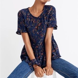MADEWELL Silk Stanza Ruffle-Hem Top Moonless Floral NEW Lightweight Size XS